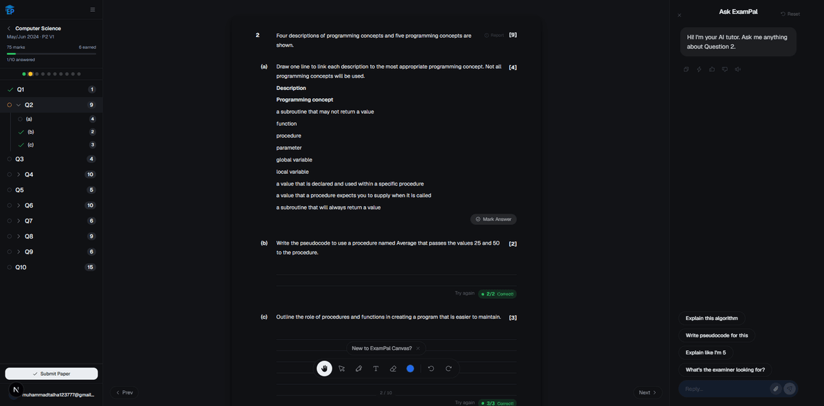 Paper analysis showing mark breakdown per question